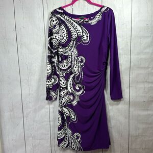 Lauren Ralph Lauren Purple Paisley Ruched Sheath Dress Size 12 Classic Cocktail